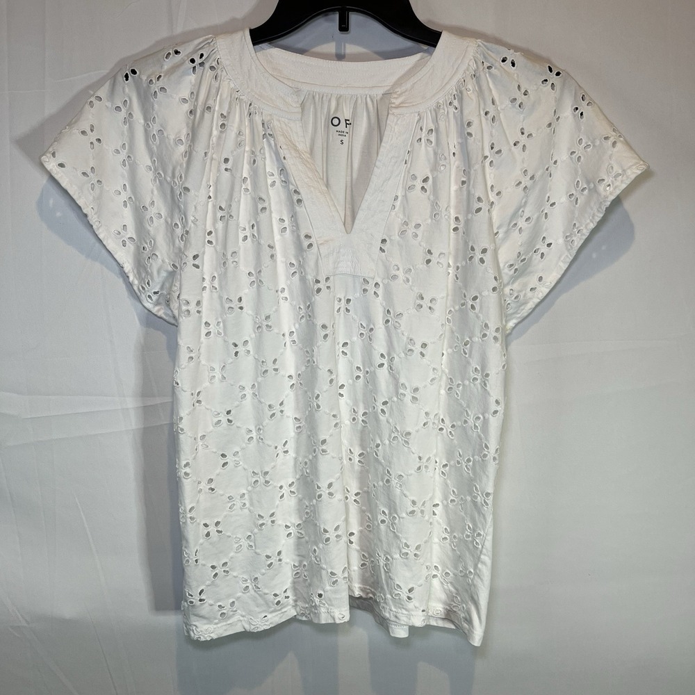 Loft Top Size Small S White Eyelet Flutter Sleeve Cotton Blouse Shirt